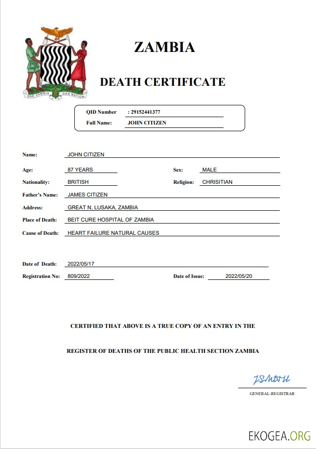 Modèle Word et PDF de certificat de décès de l'état civil de la Zambie